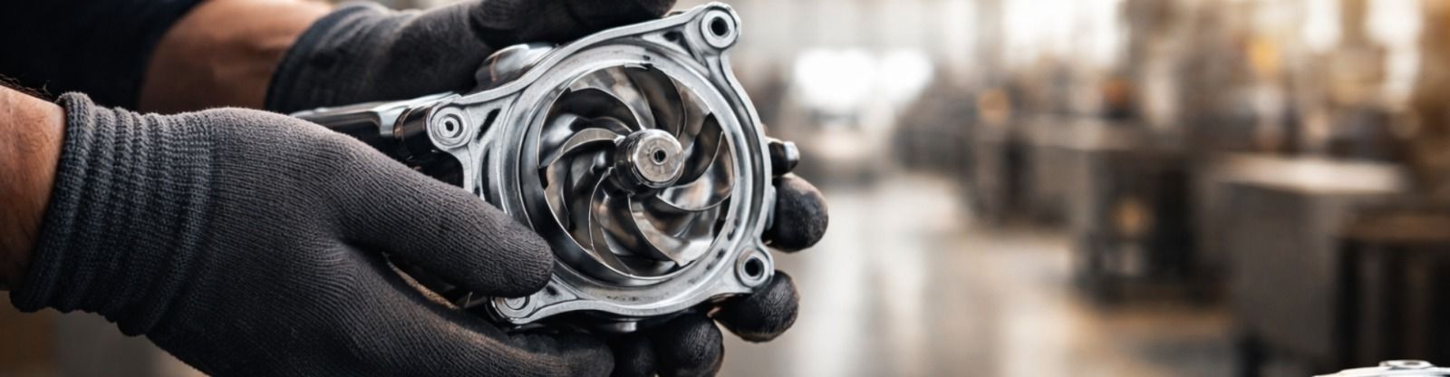 Water pump assembly being inspected by a technician